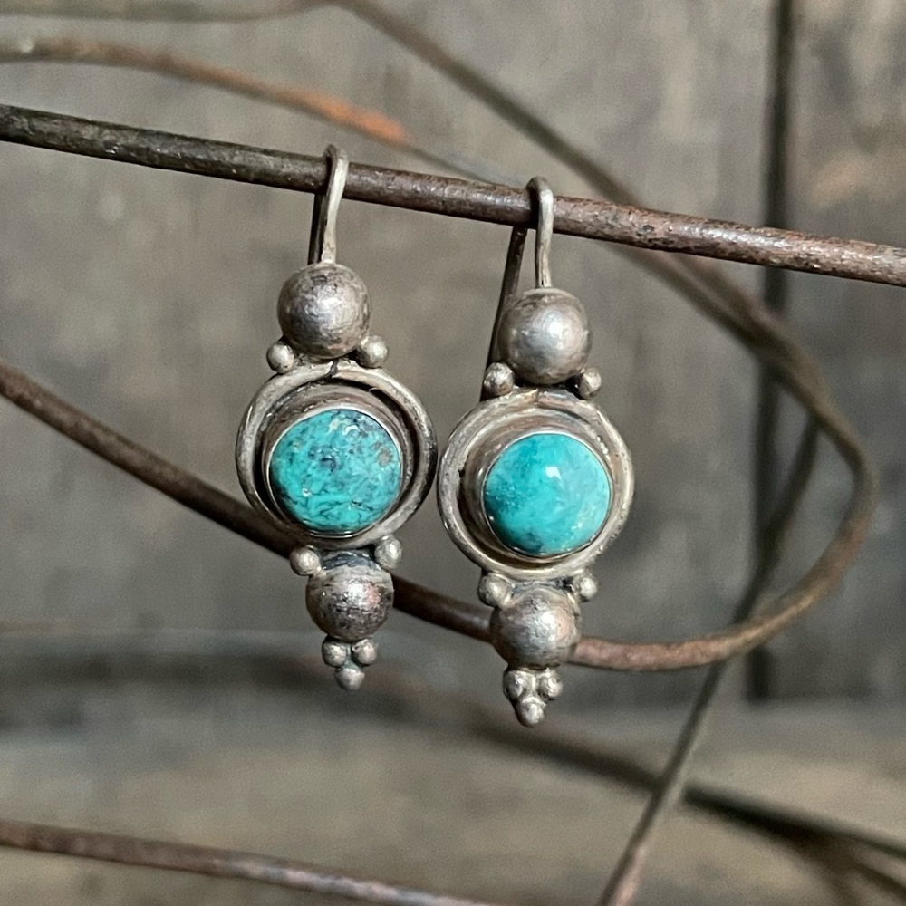 Vintage Turquoise Sterling Silver Dainty Dangle Hook Earring